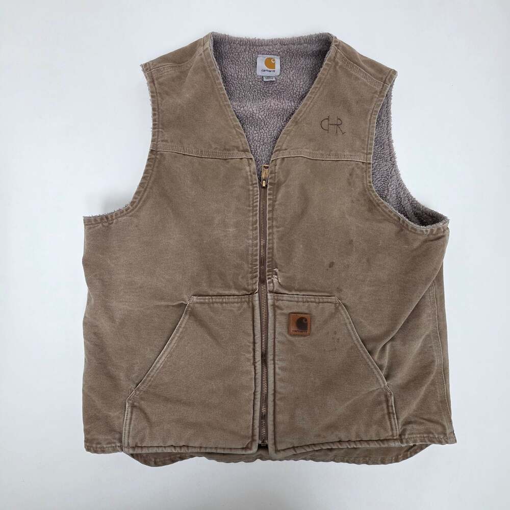 Carhartt V26 FRB Washed Duck Sherpa-Lined Vest Frontier Brown Lg Tall Distressed